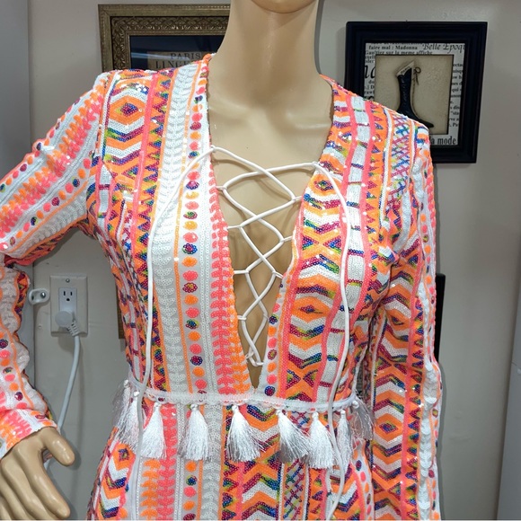 PRETTYLITTLETHING NWOT! Orange/White Sequin Fringe V-Neck Long Sleeve Dress - Picture 6 of 17